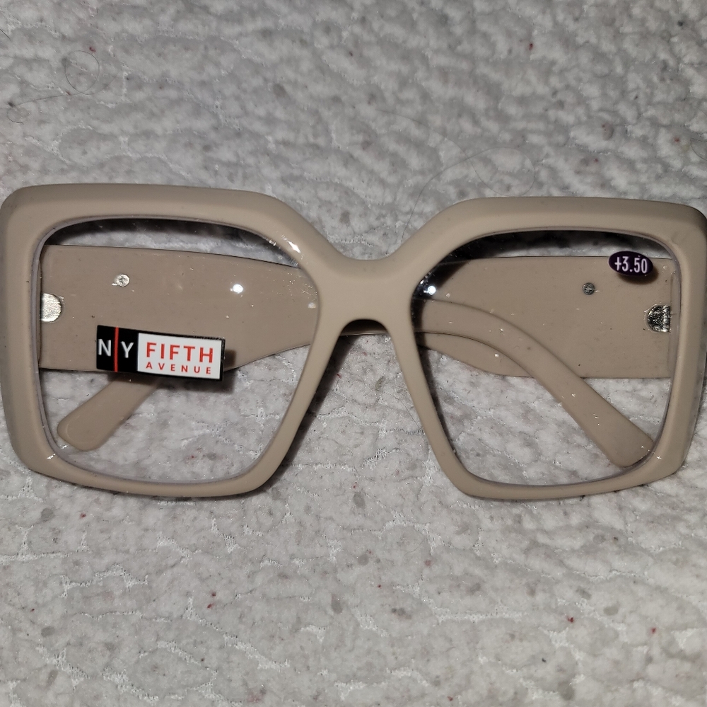 NY FIFTH Avenue Tan Oversized Square Reading  Glasses 3.25 Strength